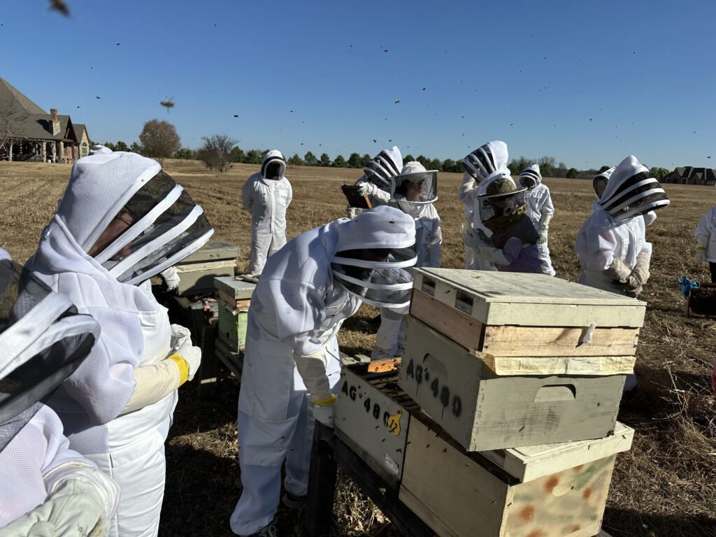 Beekeepers in protective suits tending to beehives outdoors.